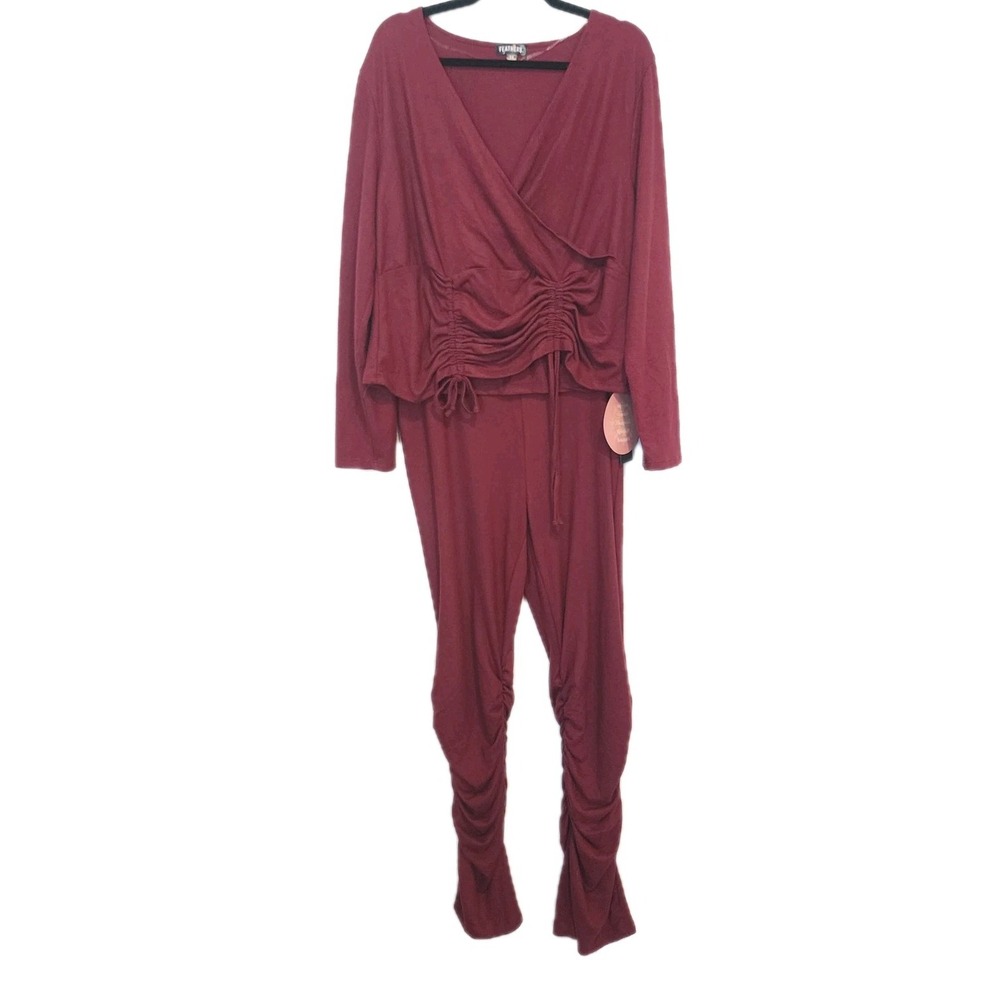 FEATHERS 2pc Outfit Wrap Top Leggings Womens 3X Burgundy Soft Cozy Casual NEW
